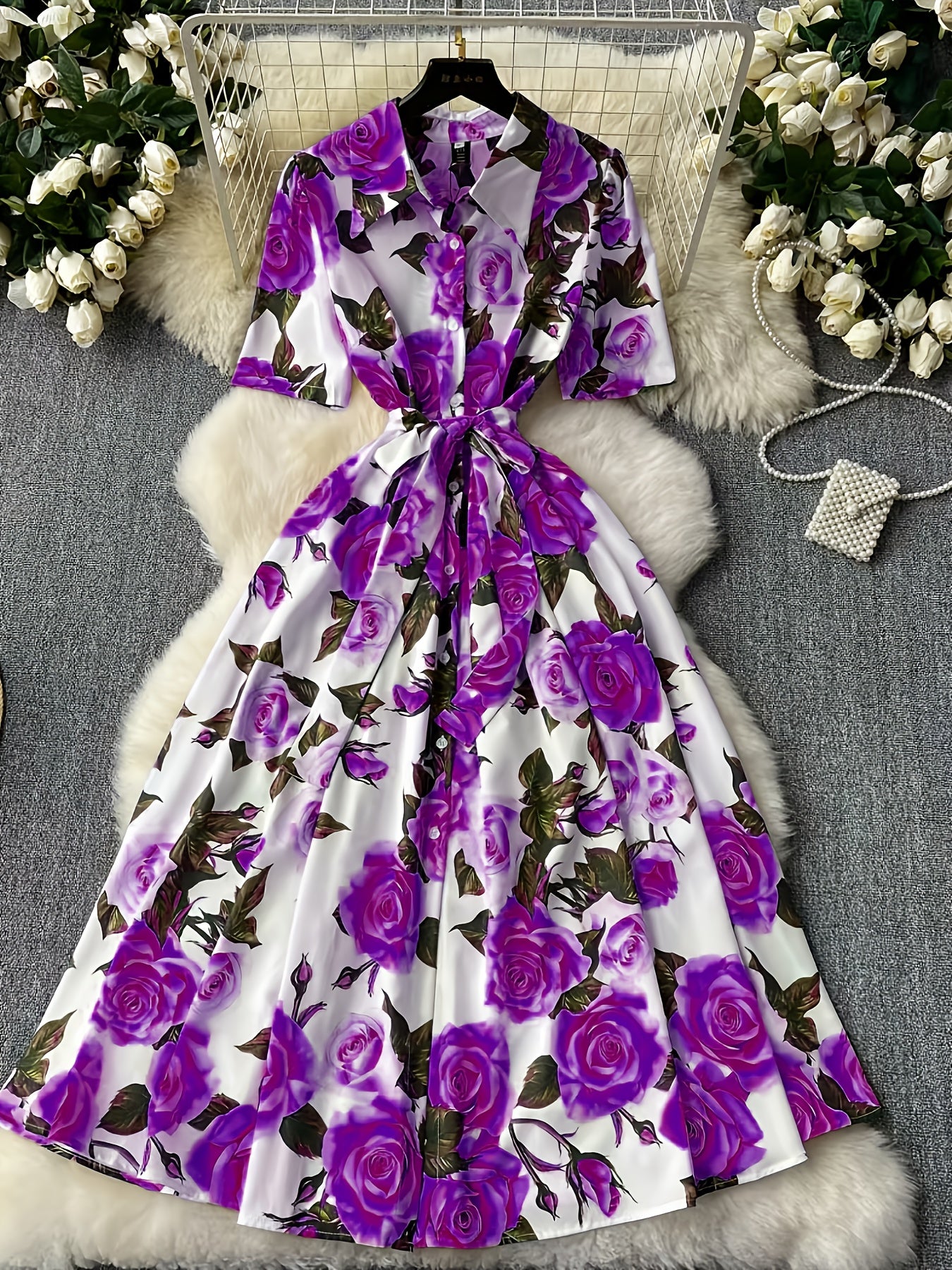Elegant Women'S Floral Print Dress with Short Sleeves, Lapel Collar, and Cinched Waist - Romantic Rose Design, Perfect for Spring Outings, Garden Parties, and Casual Events, Garden Party Dress | Floral Print Dress | Stylish D